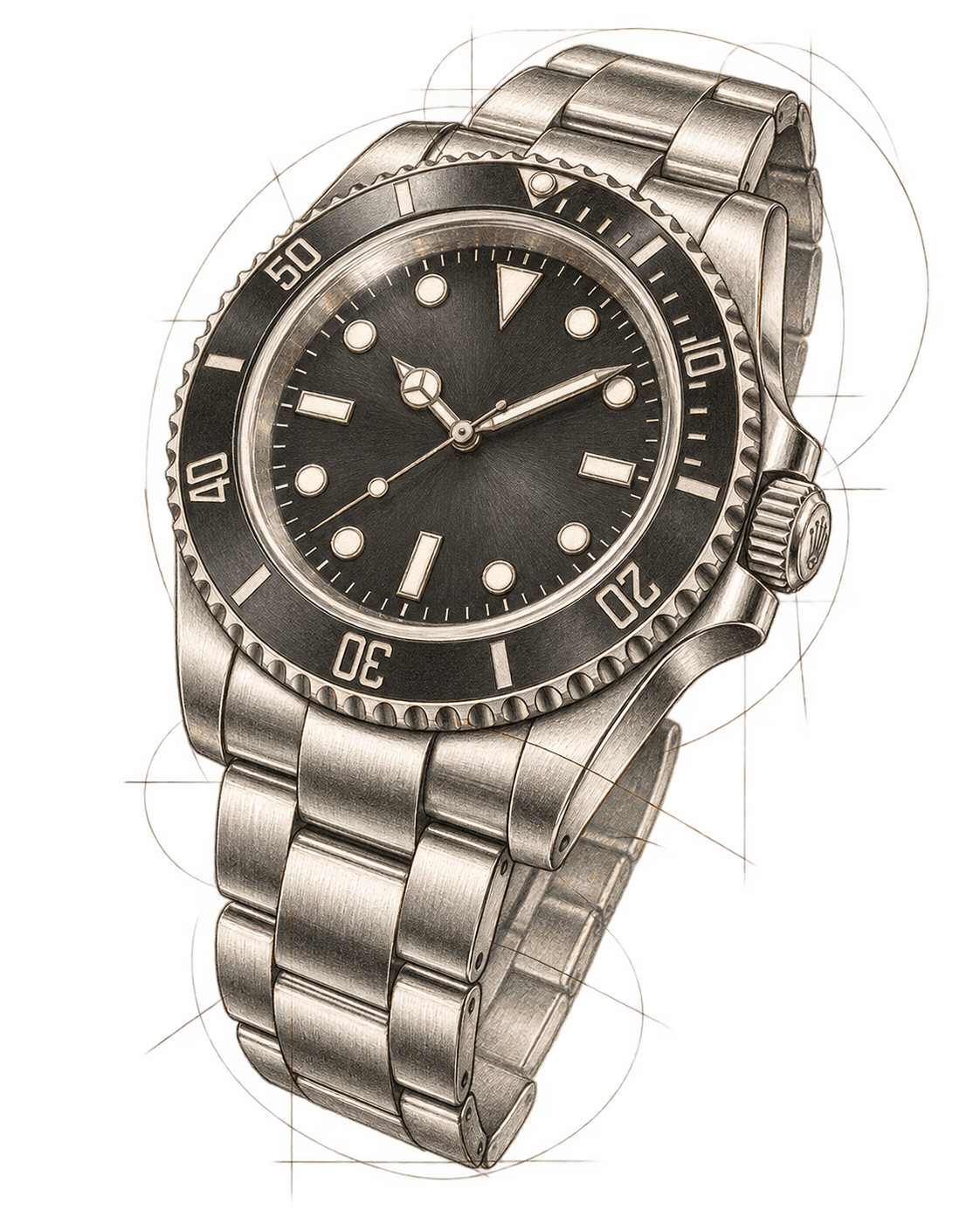 A detailed graphite study of a steel dive watch, with a sweeping seconds hand and delicate construction lines